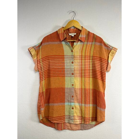 Beach Lunch Lounge woman orange plaid short sleeve linen blend buttoned medium ￼ - Picture 1 of 8